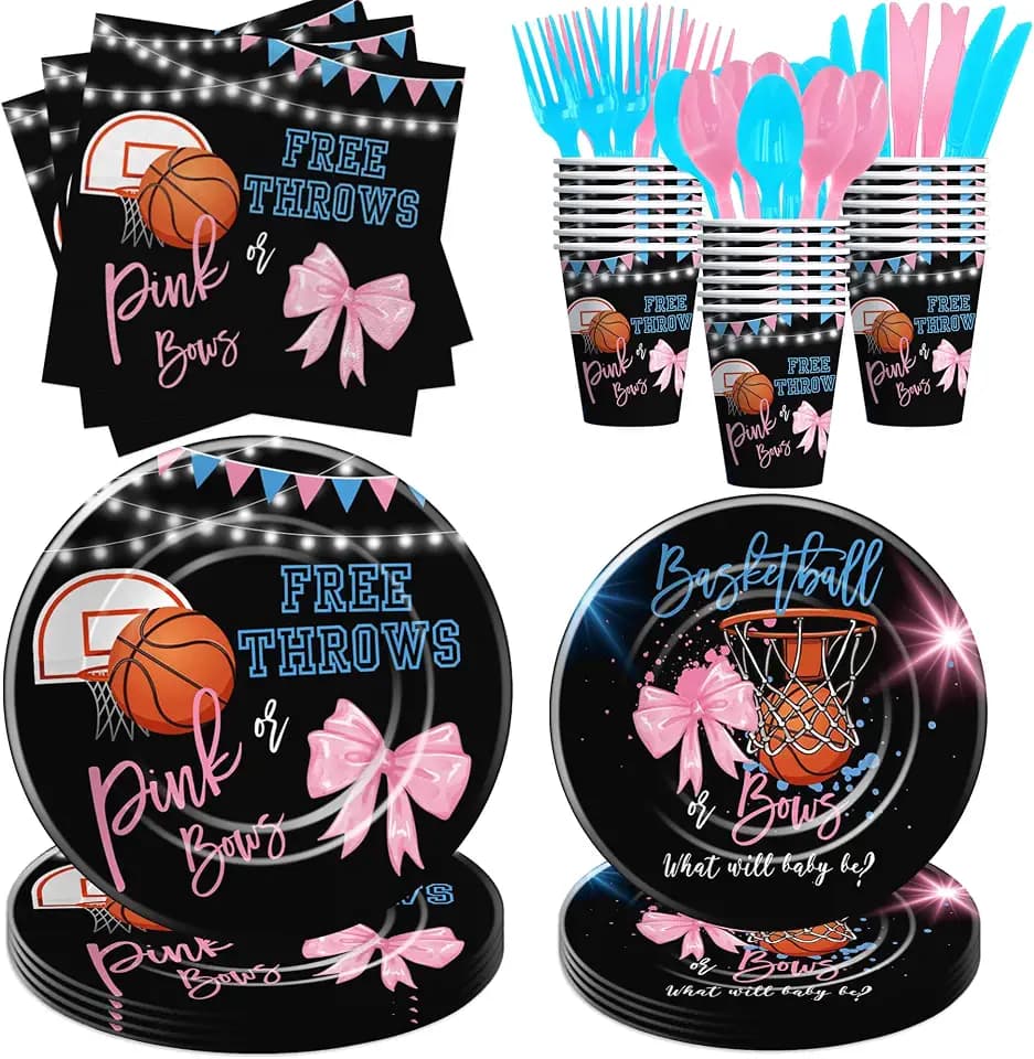 Basketball or Bows Gender Reveal Decorations Tableware, Serves 24