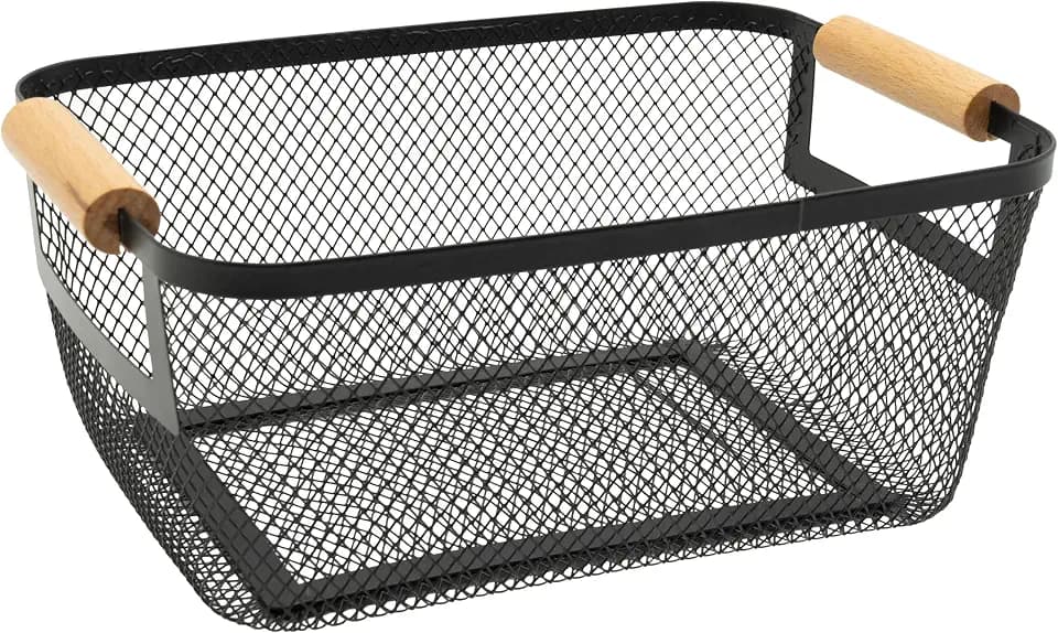 OGGI Large Mesh Portable Bathroom Basket Caddy with Bamboo Handles, Metal Storage Basket for Bathroom, Shower, Vanity, Pantry & Home Organization, Black