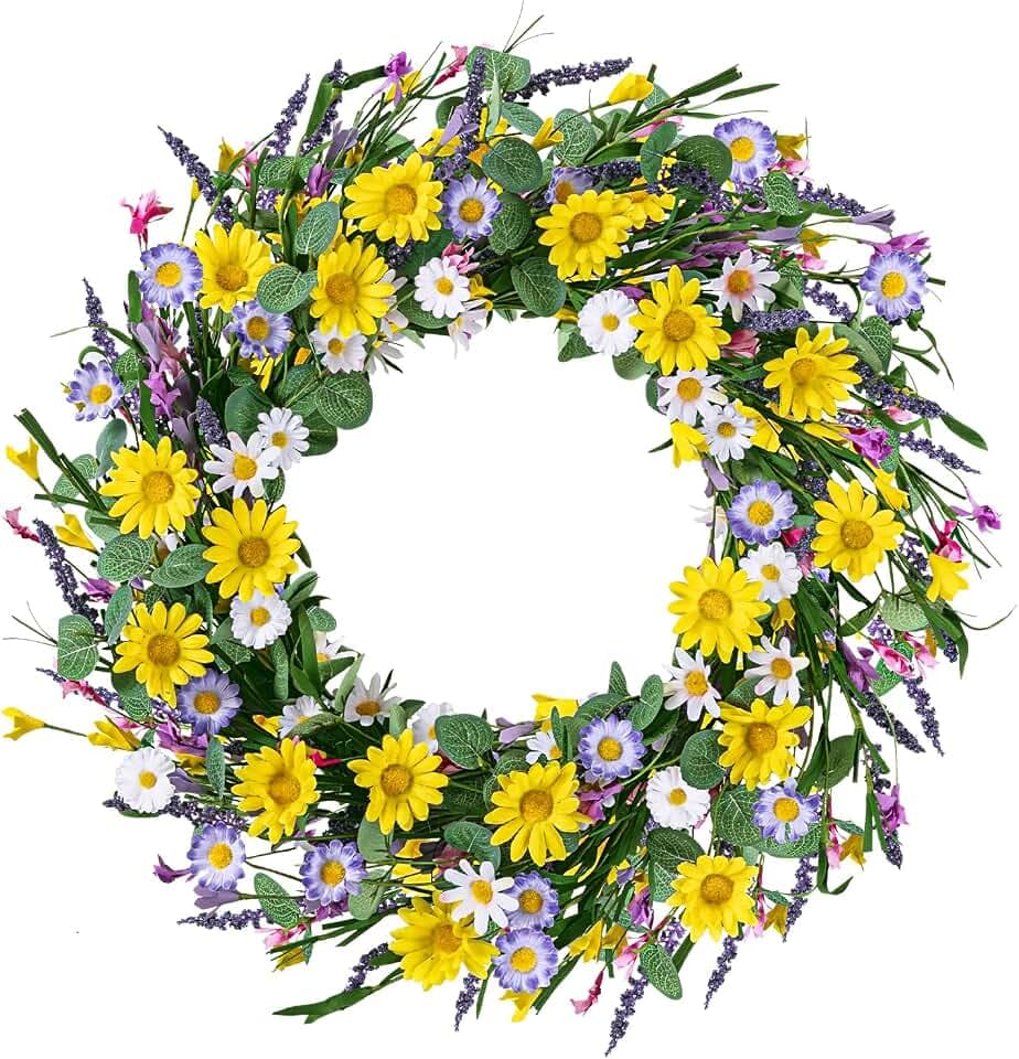 U'Artlines 22 Inch Spring Summer Wreaths for Front Door, Artificial Yellow Daisy Wreath with Lavender Green Eucalyptus Leaves, Large Silk Floral Wreath for All Seasons Window Wall Wedding Decor
