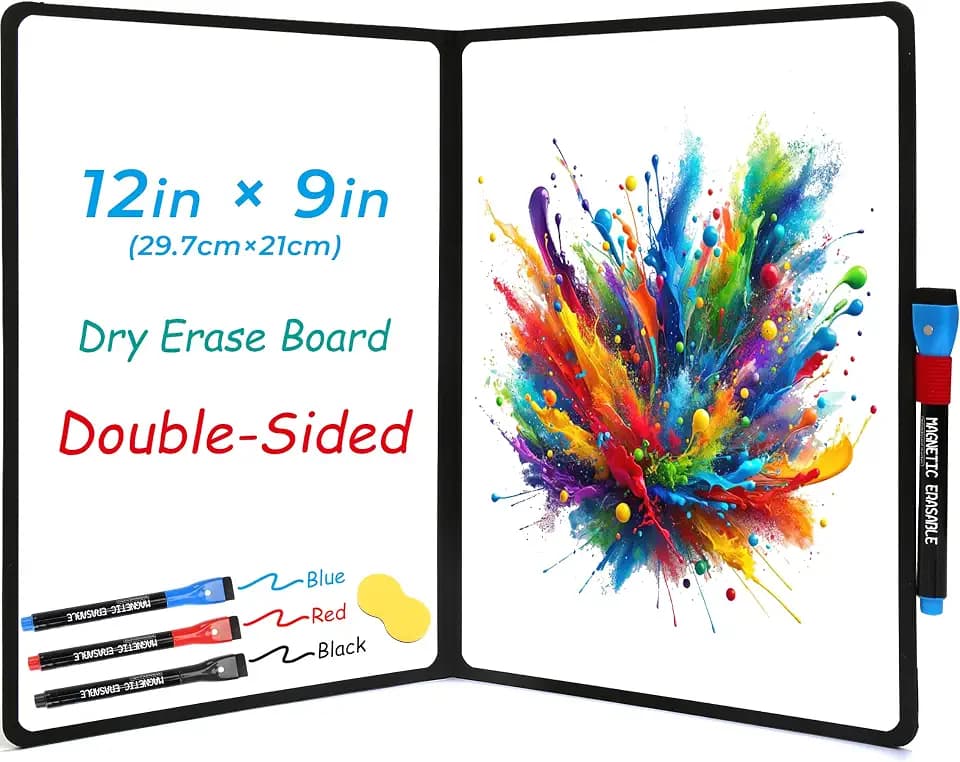 Double-Sided White Board 12x9 inch - Ultra-Thin Portable Dry Erase Board with 3 Markers & Anti-Ghosting Surface | Magnetic-Ready | Foldable for Office, School, Travel