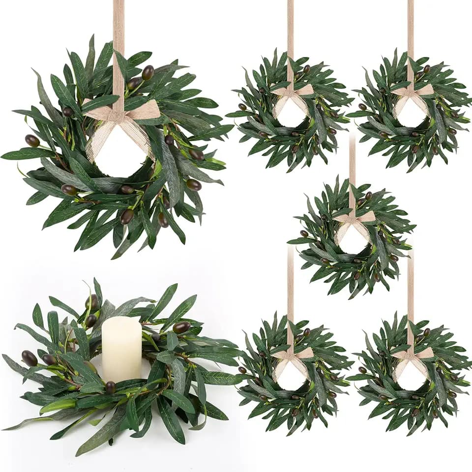 6 Pcs Artificial Summer Olive Wreaths Greenery Wreath Mini Green Kitchen Cabinet Wreaths Spring Wreath for Front Door Porch Wall Window Farmhouse Wedding Decoration