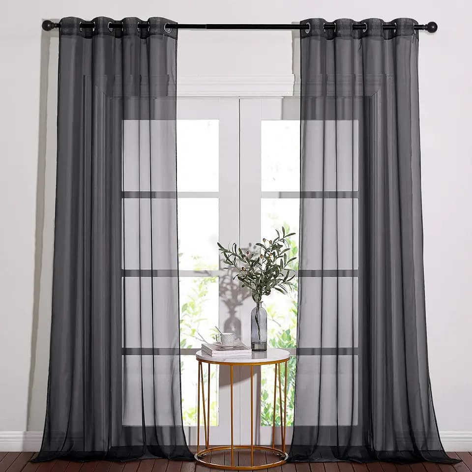 NICETOWN 96" Long Sheer Curtains - Nickel Grommet Top Lighter Weight Airy Window Voile Panel Decorations for Living Room (W54 Inches, Black, 1 Pair)