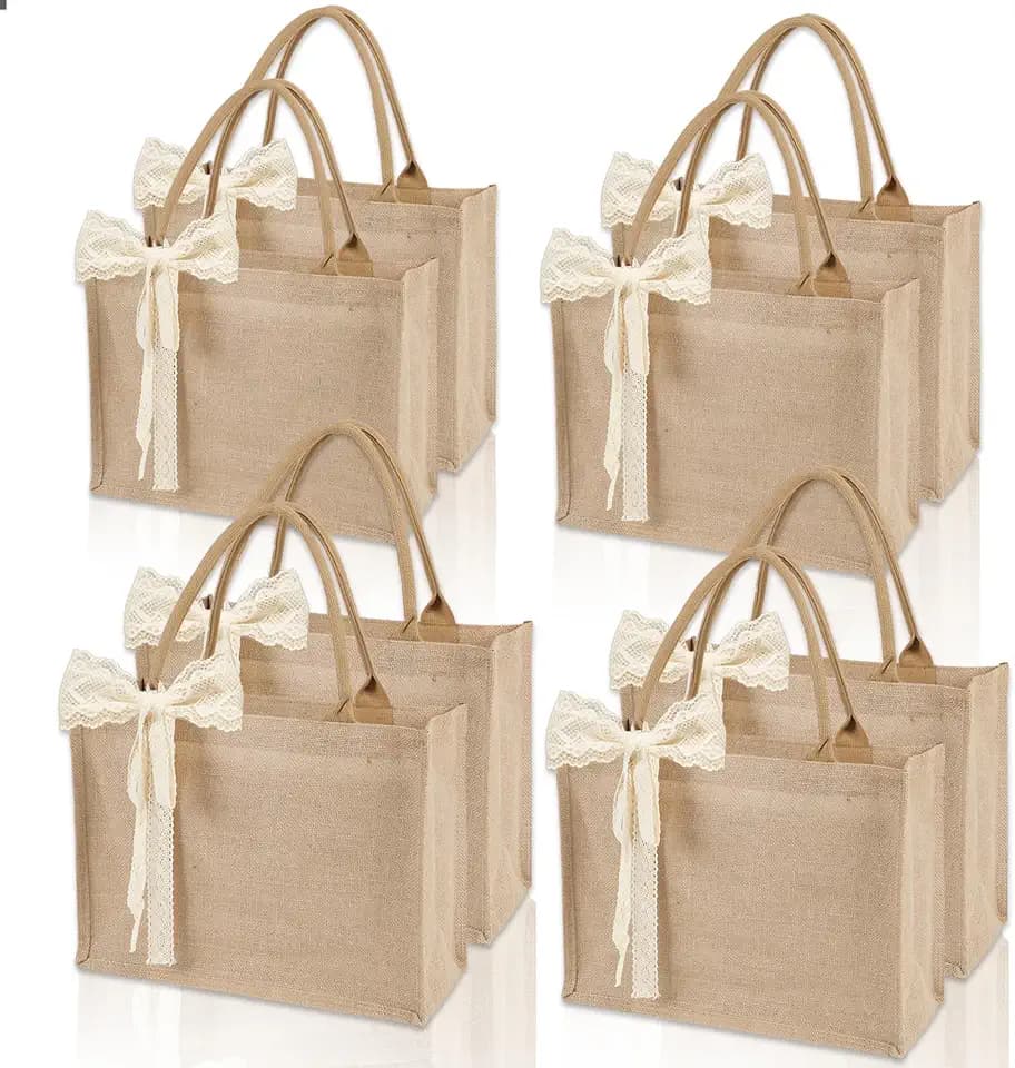 Burlap Tote Bag Set with Ribbon, Reusable Blank Water Resistant Grocery Bags