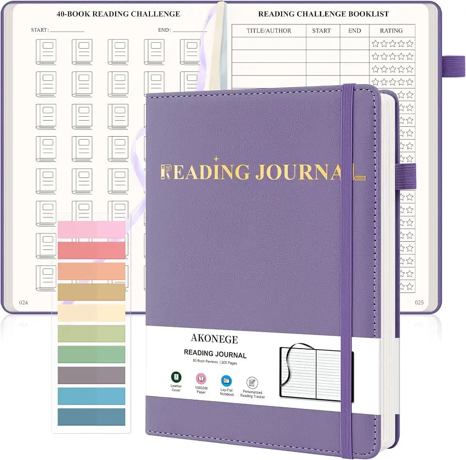 AKONEGE Reading Journal for Book Tracking - PU Leather Book Journal Reading Log with 80 Reviews for Readers, Accessories with Sticky Tabs, Pen Holder, Ribbon Bookmarks, 5.6" x 8.3", Purple