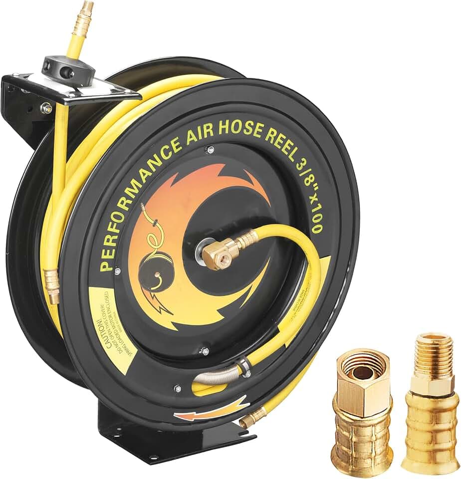 100-FT Retractable Air Hose Reel – 300 PSI Heavy-Duty Air Compressor Hose and Reel, Air Hose Auto-Rewind Design, Wall, Floor or Ceiling Mount for Garage, Workshop, or Home Studio by Pentagon Tools