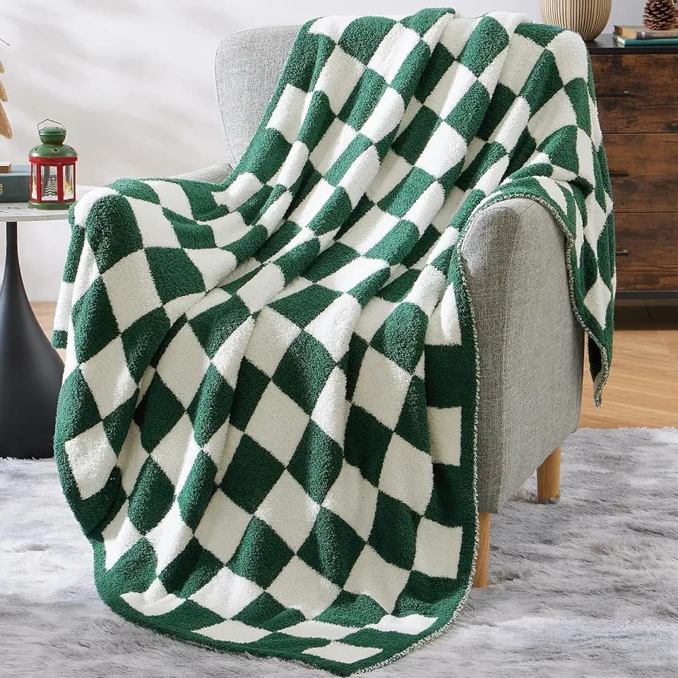 WRENSONGE Soft Checkered Throw Blanket for Couch-Cozy Warm Knitted Blankets