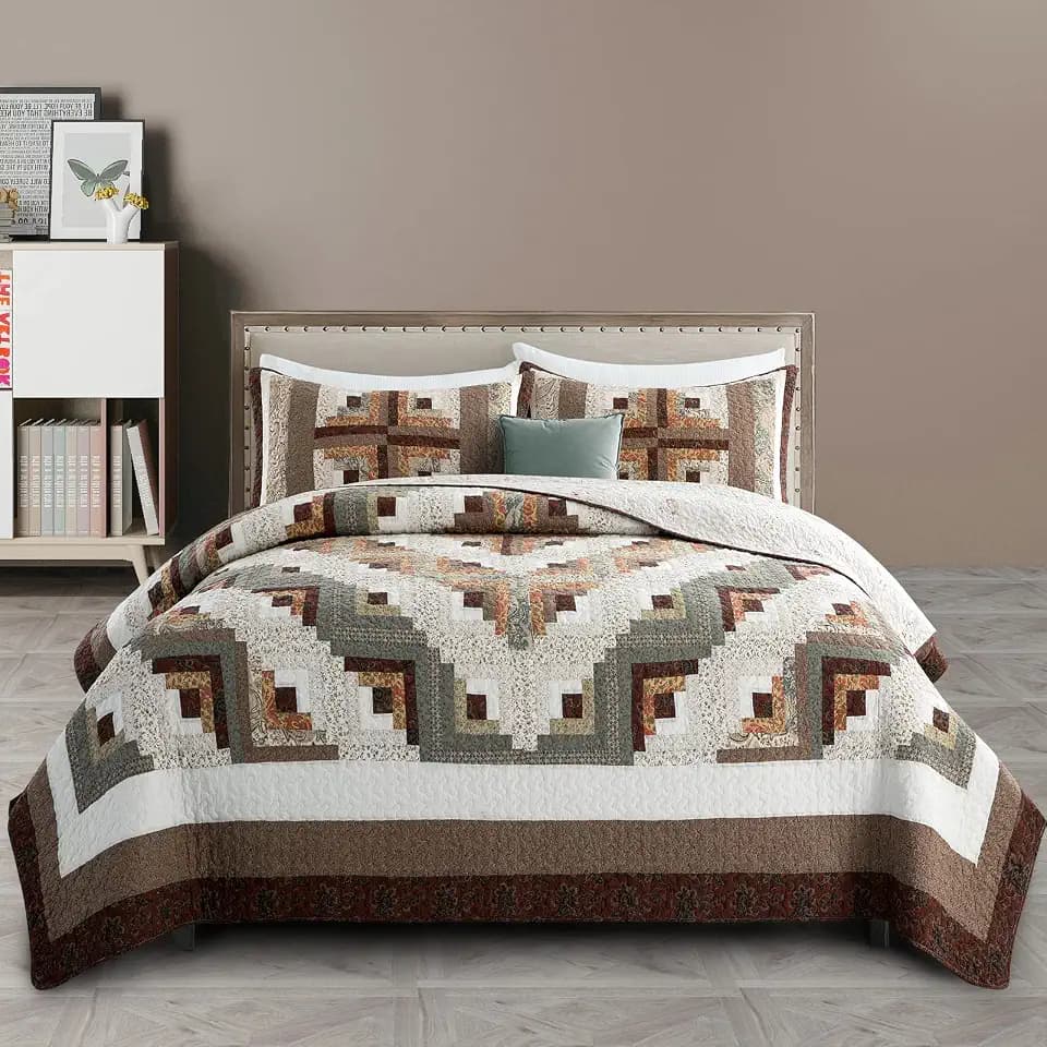 Genuine Patchwork Quilt Sets 100% Cotton California Bedspread Reversible Vintage Plaid Floral Brown Coverlet Bedding Sets