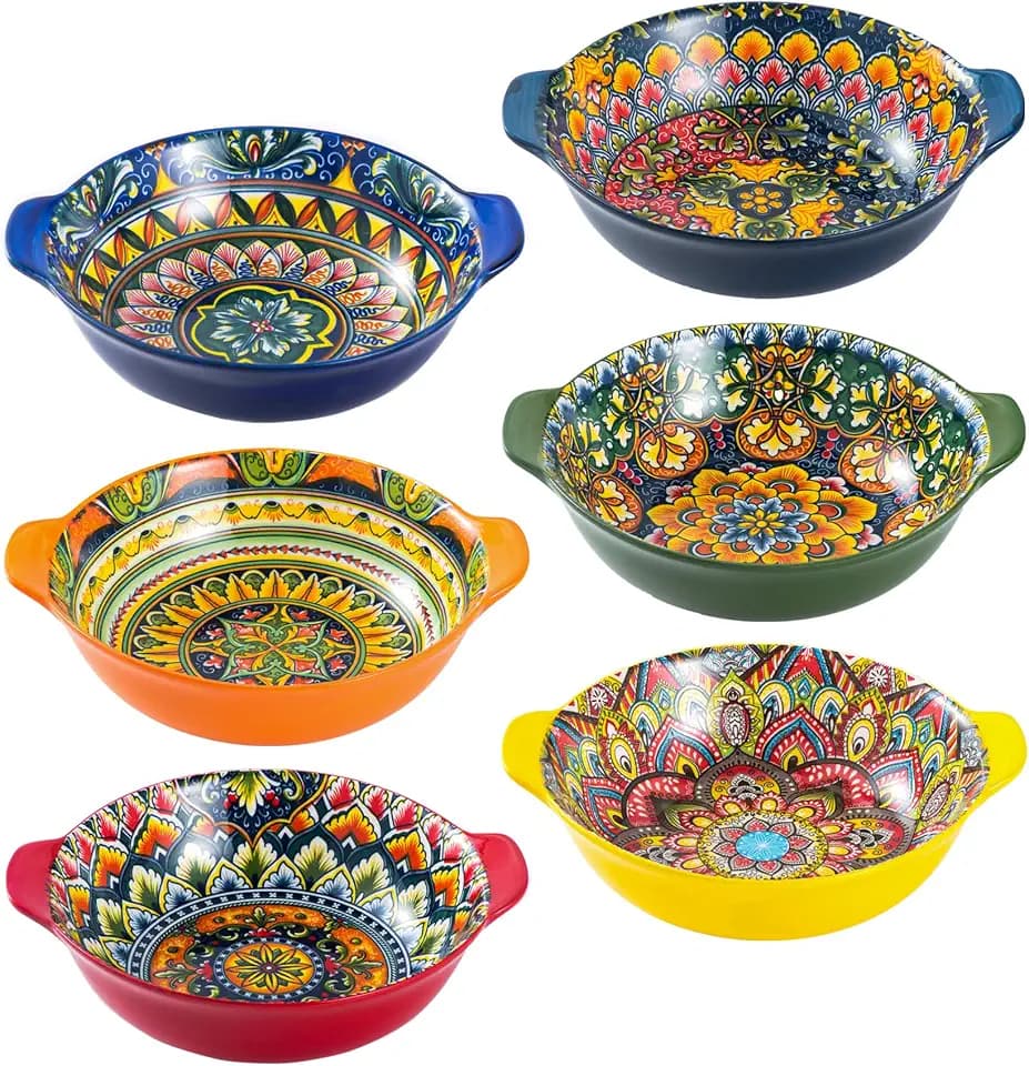 Henten Home 14 oz Ceramic Soup Bowl Set of 6, Small Cereal Bowl with Handle
