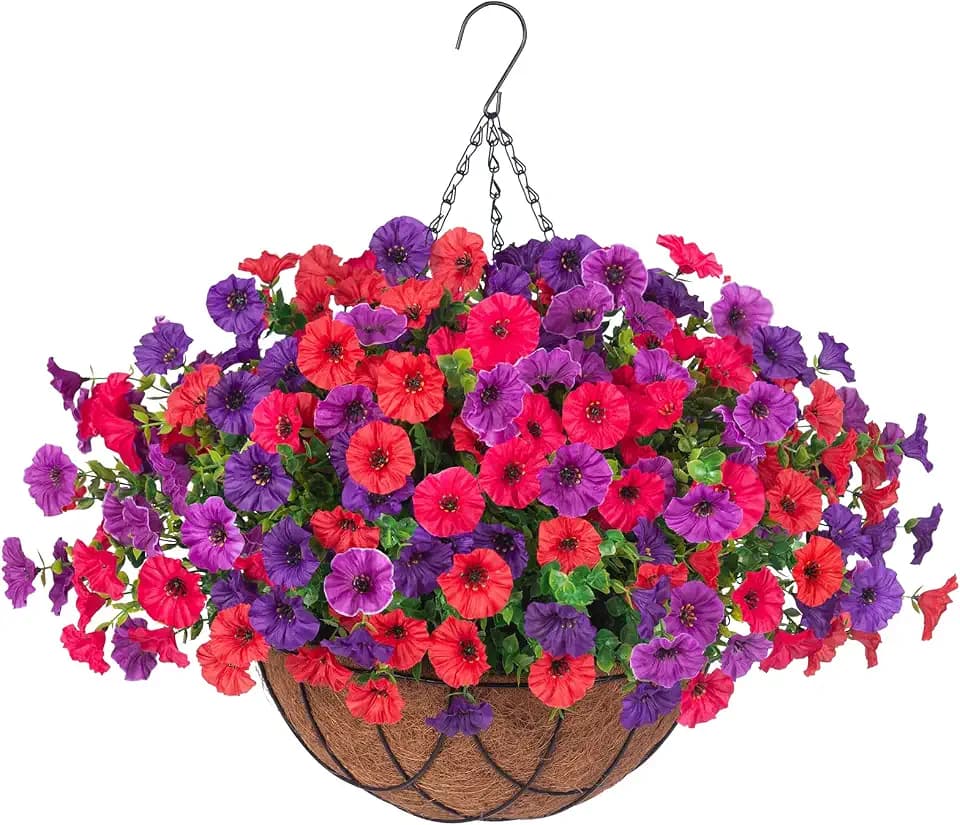 Artificial Fake Hanging Flowers with Basket for Outdoor Decor 12 Pcs UV Resistant Faux Silk Morning Glory Flowers Plants for Outdoor Outside Planters Home Porch Patio Balcony Spring Summer Décor