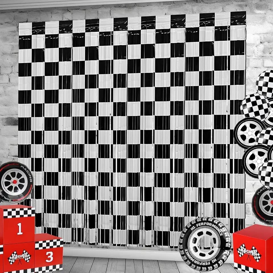 Race Car Foil Fringe Curtains Backdrop Birthday Party Decorations, 6 Pack