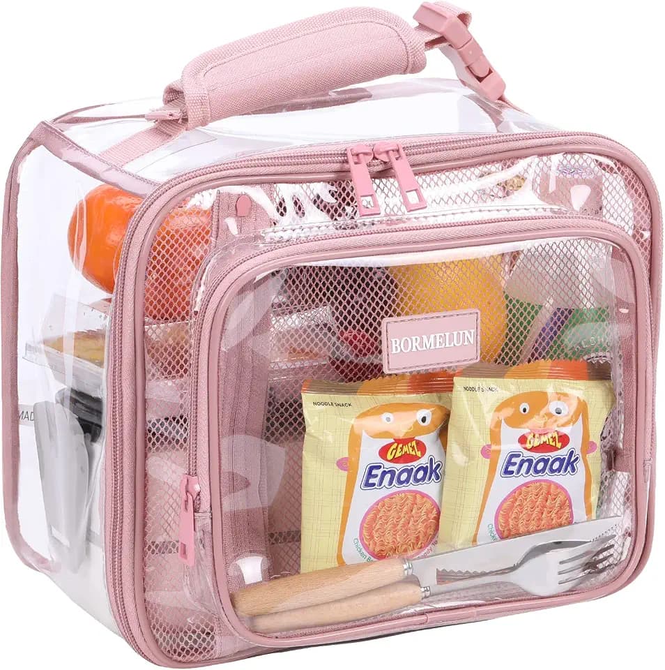BORMELUN Clear Lunch Bags for Women Work Transparent Stadium Concert School approved Corectional officer with Handle Tote Plastic See through,pink (11x9x6 inches)