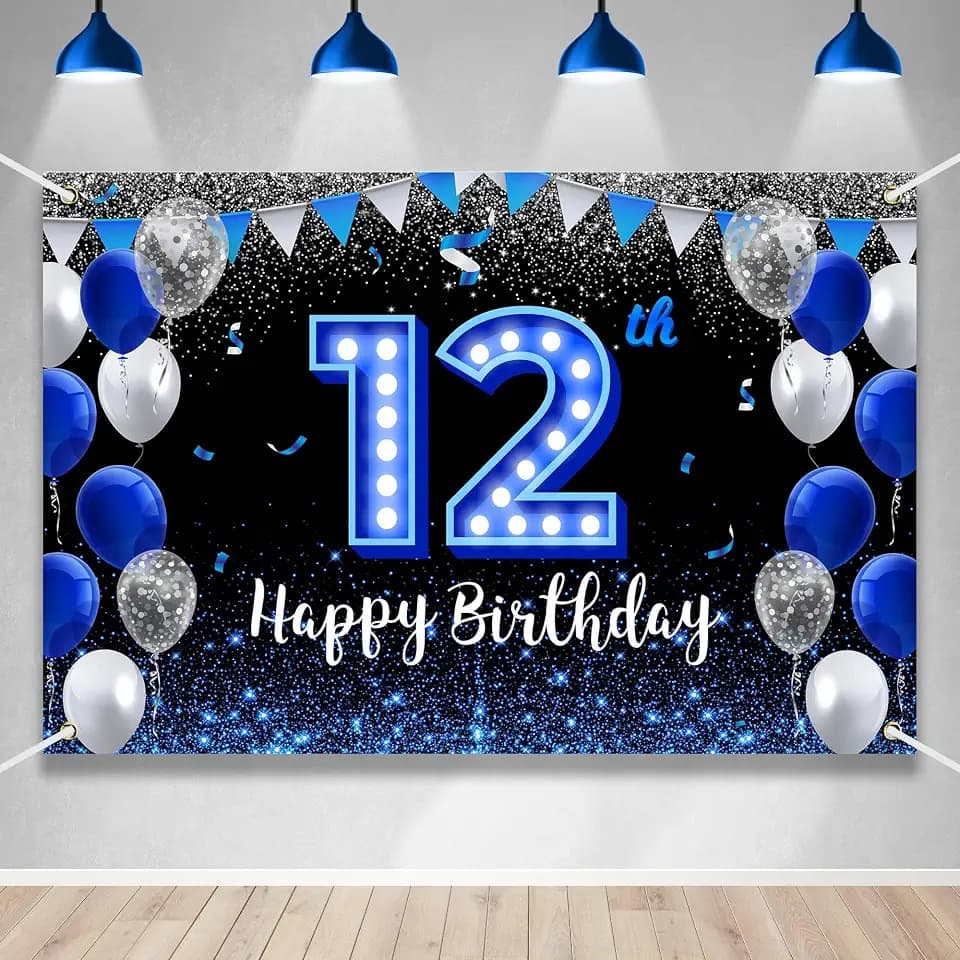 Happy 12th Birthday Backdrop Banner Blue Black Theme Background With Blue Neon Light Shiny Fashion Birthday Party Photo Photography Prop Booth Background for Boys Girls Celebration 70.8x47.2in-BECKTEN