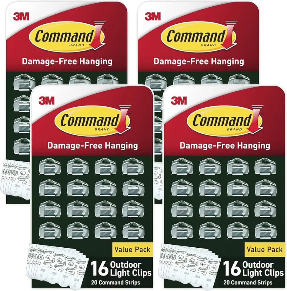 Command Outdoor Light Clips, 4-Pack of 16 Clear Clips and 20 Strips, Damage Free Hanging with Adhesive Strips, Hooks for Hanging Outdoor Decorations
