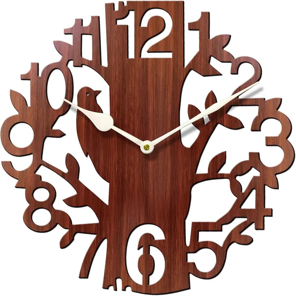SEHAZ ARTWORKS Tree Bird Round Wood Wall Clock (25 cm x 25 cm x 2.8 cm, Brown)