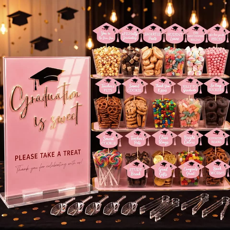 Tinlade 26 Pcs Acrylic Graduation Candy Bar Party Decoration 2026 Graduation Candy Buffet Sign Set Grad Party Favors 10'' Candies Bar Signs Stand 24 Grad Dessert Labels Table Centerpiece(Pink,Classic)