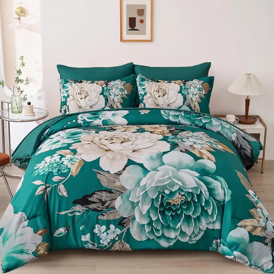 Dintszyayue Floral Comforter Set King Size 7 Pieces Teal Blue Flower Bed in a Bag Elegant Bed Set Soft Lightweight Comforter for All Season