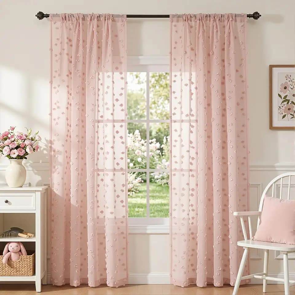 MYSKY HOME Pink Sheer Curtains for Girls with Pom Pom 50Wx95L,2 Panels