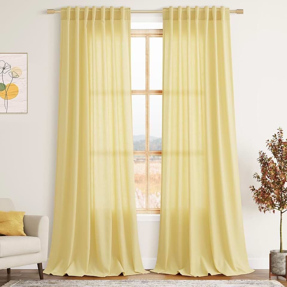 Yellow Linen Curtains 100 inches Long for Bedroom Back Tab Light Filtering Privacy Sheer Yellow Curtains Modern Farmhouse Coastal Decor Cotton Textured Curtain for Living Room 2 Panel Set 52x100