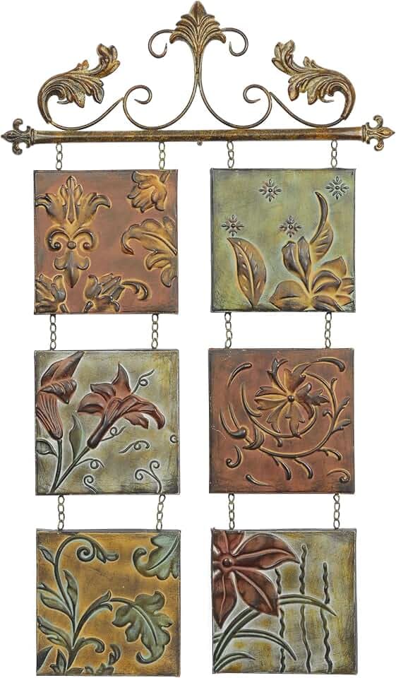 Deco 79 Metal Floral Home Wall Decor Embossed Wall Sculpture with 6 Suspended Panels and Scroll Details, Wall Art 23" x 1" x 40", Multi Colored