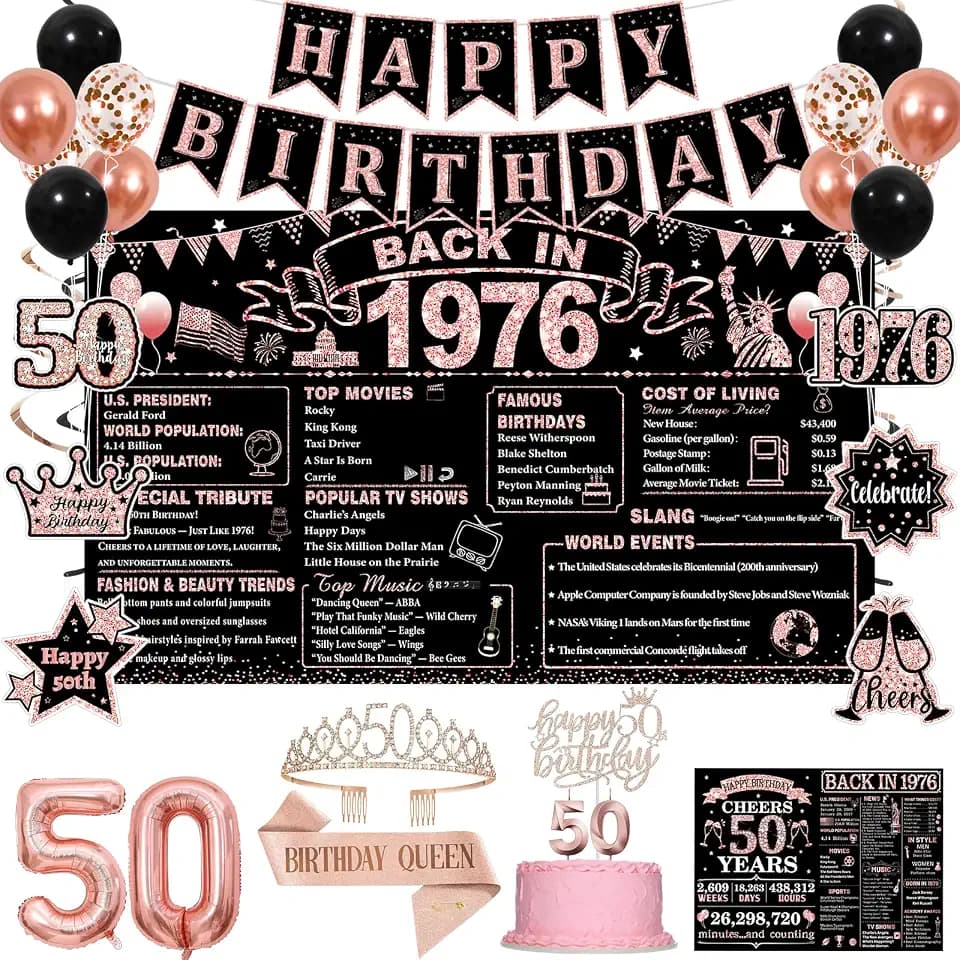 50th Birthday Decorations, Rose Gold Black Back in 1976 Party Supplies Kit with Happy 50th Birthday Banner, Crown, Sash, Backdrop, Cake Topper, 50 Years Old Birthday Decorations for Women