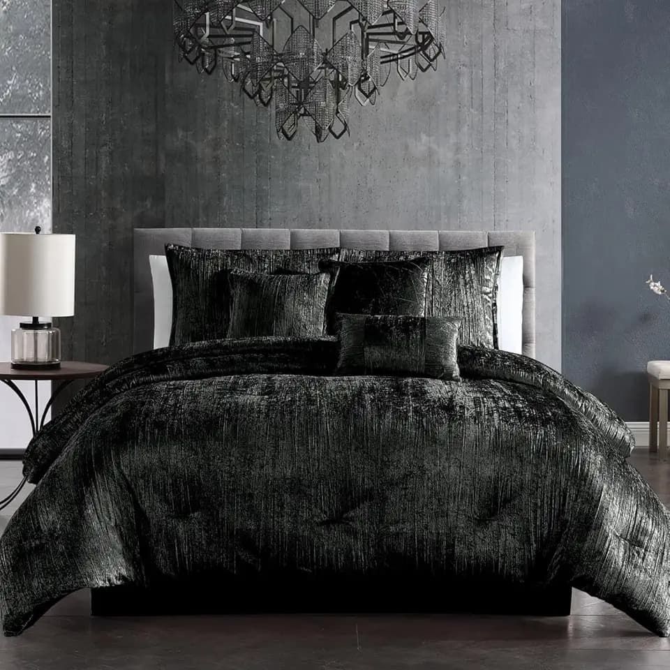 Riverbrook Home Turin Crinkle Velvet Comforter Bedding Set, King Size, Glam Textured Décor, Black, 7 Pieces
