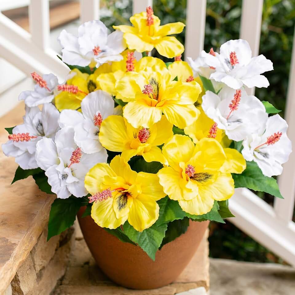 HyeFlora Artificial Flowers for Outdoors Faux Hibiscus Summer Decor, 4 Bundles Fake Tropical Outdoor Plants UV Resistant Realistic Silk Flowers for Outside Planter Porch Patio Garden Window Yard Home