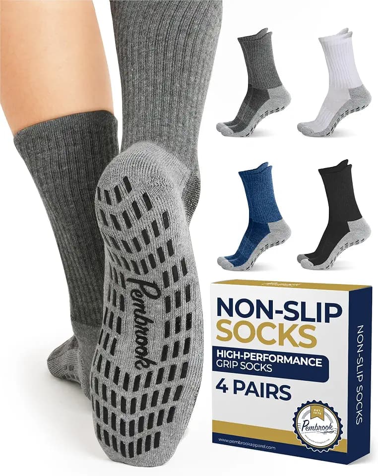 Pembrook Non Slip Crew Grip Socks Men & Women - 4 Pairs | Non Slip Socks for Elderly, Hospital, Pilates, Yoga, Barre, Home