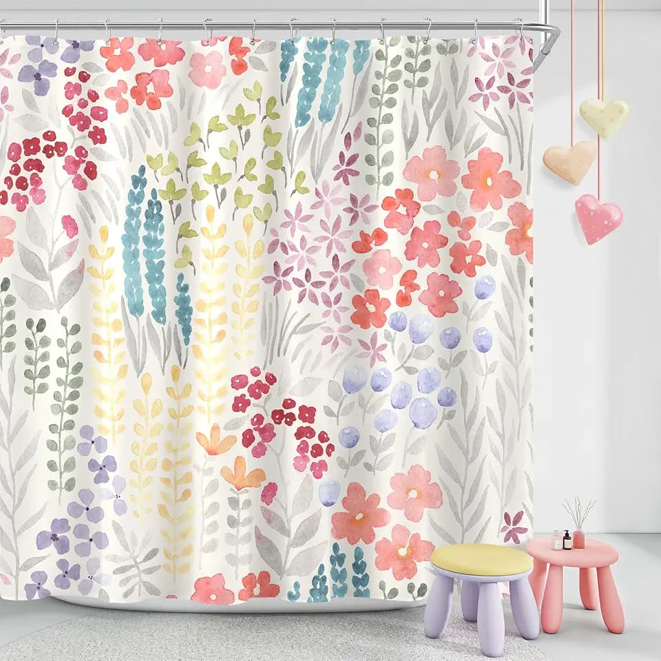 Floral Shower Curtain 60x72, Colorful Cute Boho Plant Leaves Flower Decor