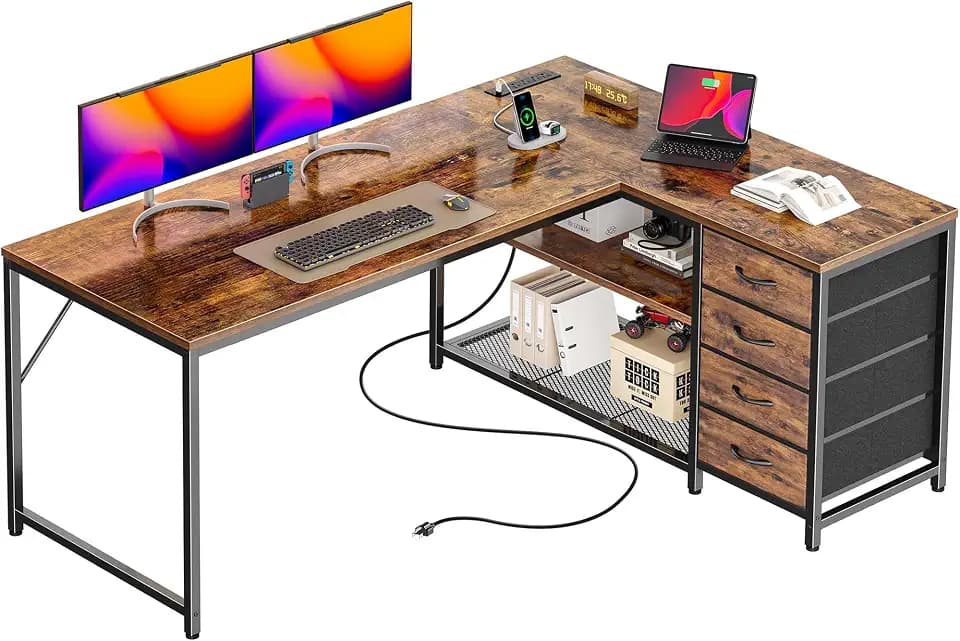 PRAISUN 53" L Shaped Desk with Power Outlets & 4 Drawers