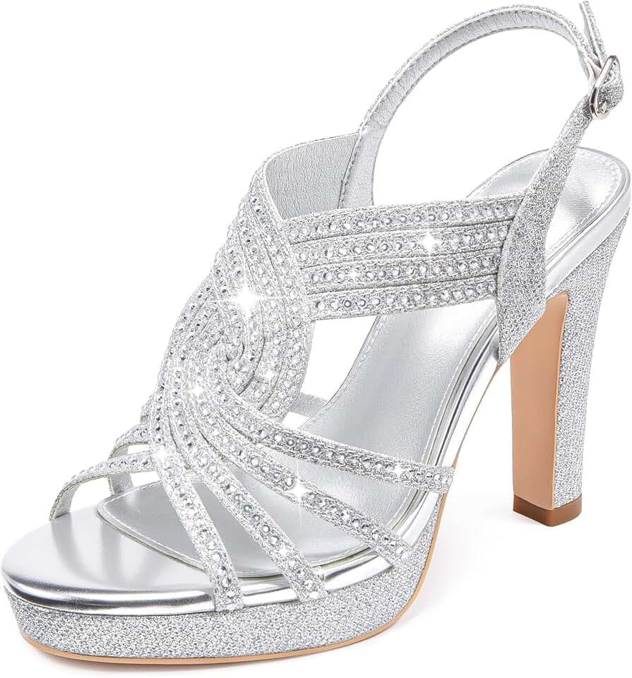 Platform Heels for Women Sandals Dressy Sparkly Rhinestone Chunky