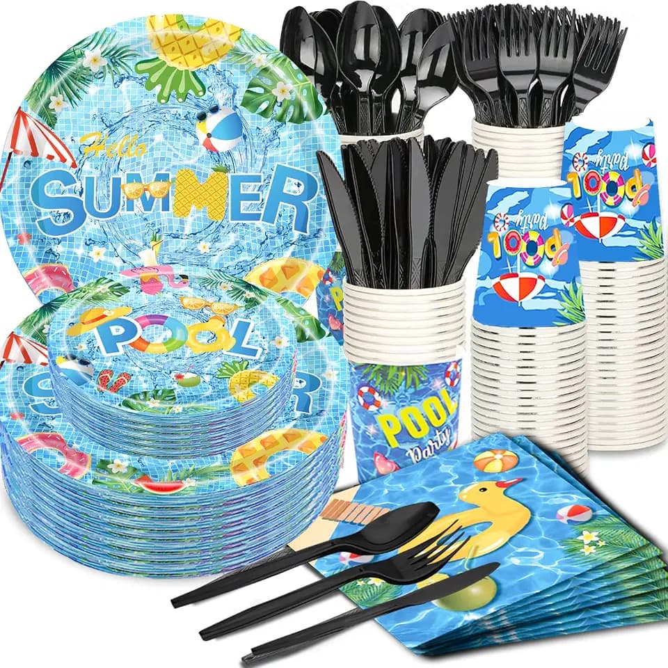 175Pcs Summer Pool Party Supplies Set 9"Summer Beach Dinner Plates 7"Pool Plates Napkins Cup Knive Fork Spoon for luau Beach Theme Pool Birthday Party Decorations Serve25
