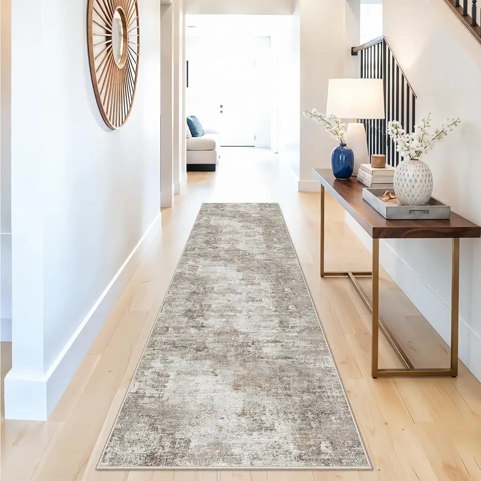 2x12 ft Long Hallway Runner Rug - Non-Slip Washable Soft Carpet Runners for Kitchen Hall Entryway Bathroom, Modern Abstract Neutral Low Pile Thin Stain-Resistant Floor Runner with Rubber Backing