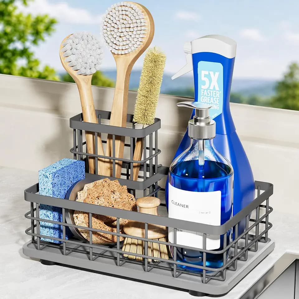 Extra Large Sink Caddy with Drying Stone, Sponge & Brush Holder for Kitchen