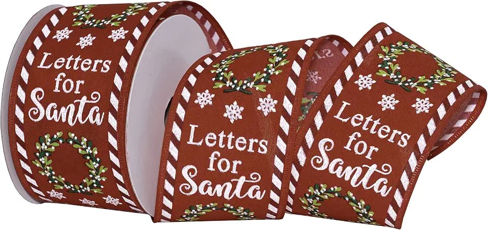 Morex Ribbon Wired Taffeta Letters to Santa Ribbon, 2.5 inch by 10 Yard, Red, 7813.60/10-609