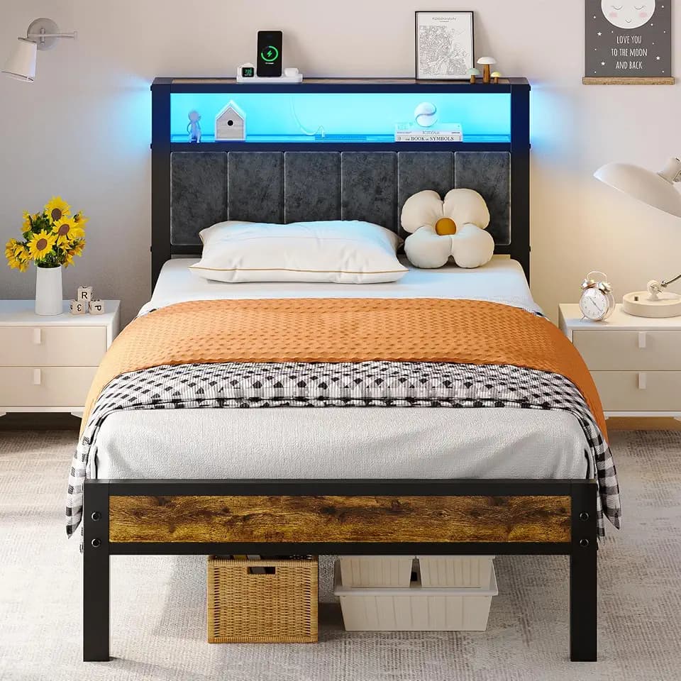 Liians Twin Size Bed Frame with LED Lights, Grey Upholstered Headboard