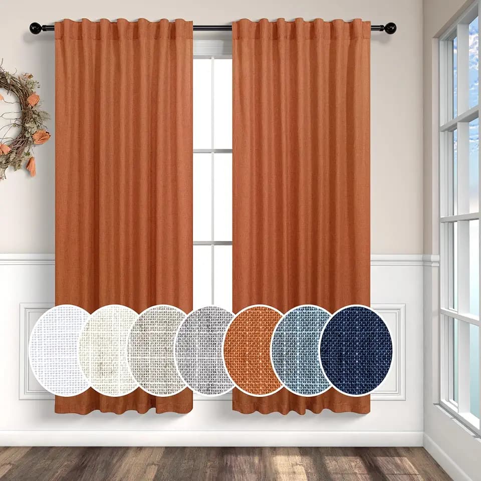 Orange Linen Curtains 72 Inch Length for Living Room 2 Panels Set Back Tab Loop Pocket Semi Sheer Copper Brown Burnt Orange Curtains for Bedroom Dining Room Gaming Playroom Sunroom Bay Window 52x72