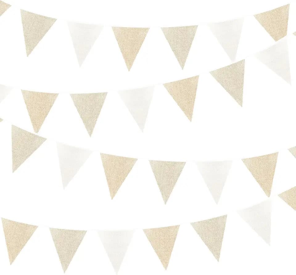 46Ft Burlap Party Decorations White Beige Burlap Banner Triangle Pennant Flag Linen Bunting Garland Streamers for Vintage Birthday Wedding Rustic Engagement Easter Farmers Market Party Decor Supplies