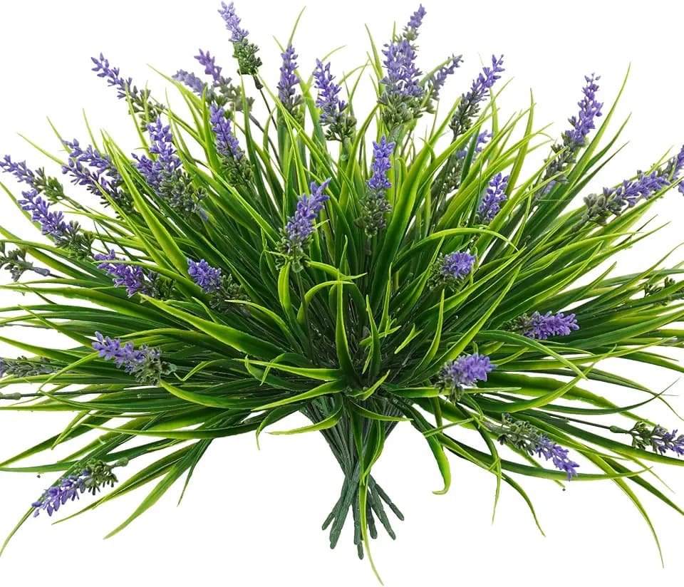 obbsie 36 Bundles Artificial Plants Outdoor, 18.2" UV Resistant Faux Monkey Grass Greenery Stems No Fade Faux Plastic Flowers Shrubs for Home Weddings Garden Porch Front Patio Office Decor - Purple