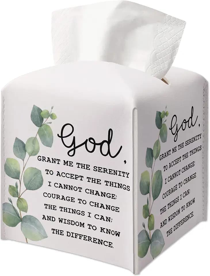 Christian Decorative Tissue Box Cover Square, Leather Facial Paper Organizer, God Inspirational Gift Ideas for Friends Family, Christian Decor for Bathroom Office Car, Eucalyptus, 5.2 Inches