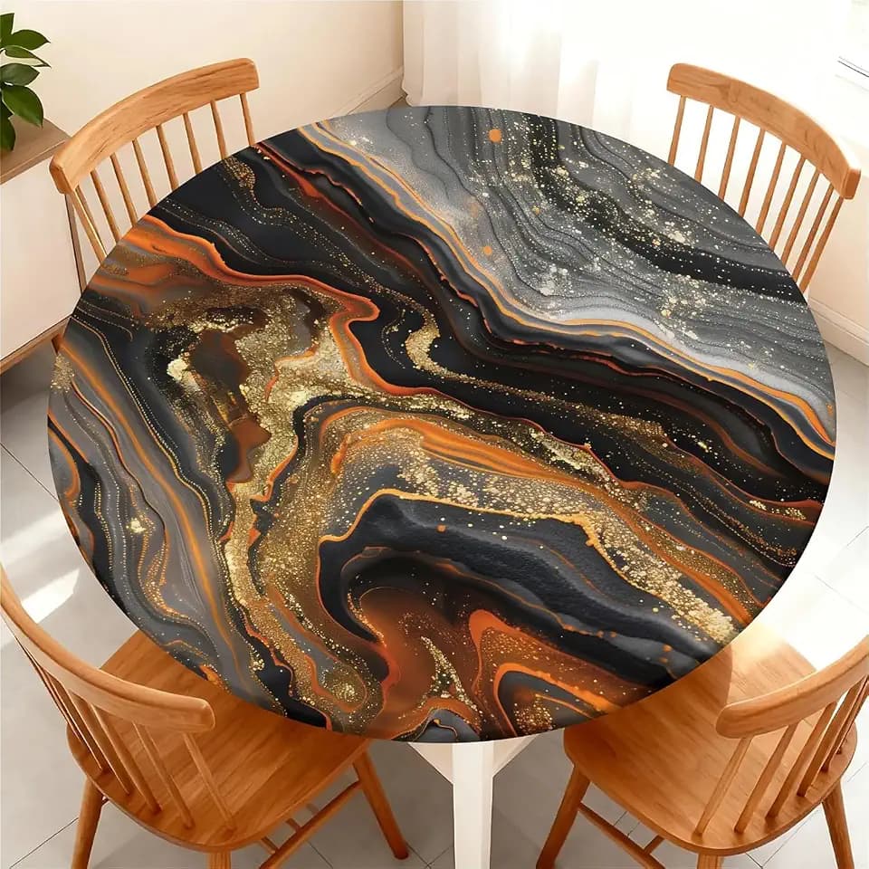 Round Fitted Tablecloth with Elastic Edge, 36"-60" Waterproof Stain Resistant Table Cover for Indoor, Outdoor, Picnic, Dining, Camping, Party, Holiday, 60inch, Abstract Marble
