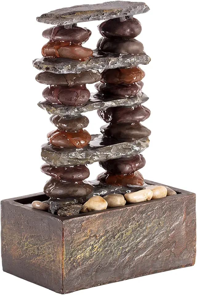 Alpine Corporation TT8002 Indoor/Outdoor Tabletop Stacked Rocks Eternity Fountain, Modern Rocks Tabletop Fountain 12", Brown