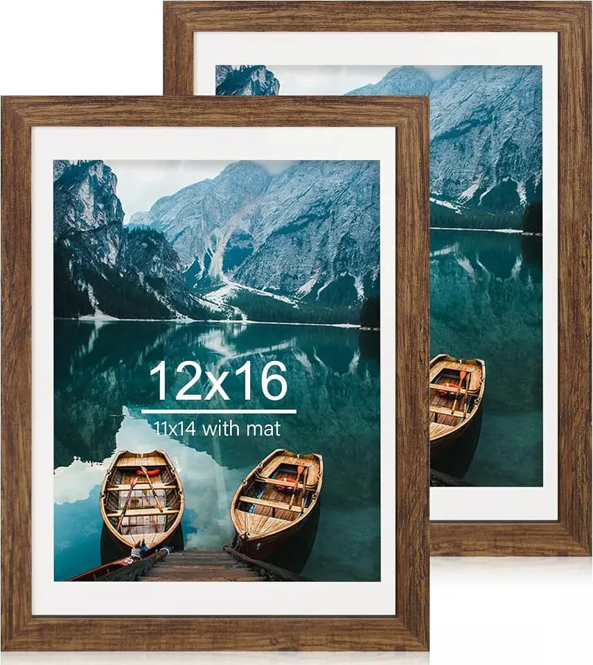 Hongkee 12x16 Picture Frame Set of 2, Rustic Brown Wood Style, 11x14 Mat