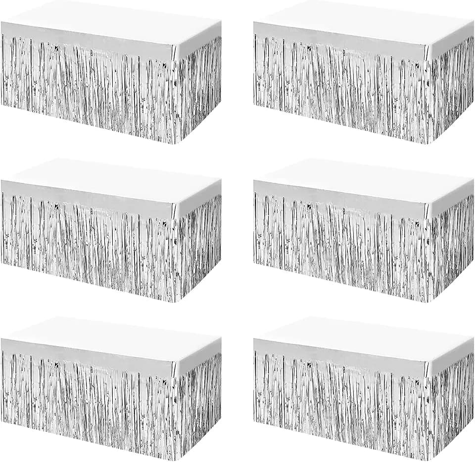 6 PCS Silver Metallic Foil Fringe Tinsel Table Skirts 9 Feet x 29.5 Inch