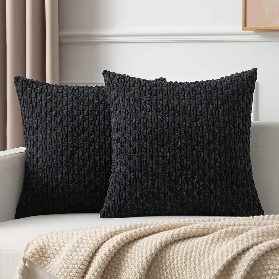 Kevin Textile Soft Corduroy 24x24 Inch Pillow Covers 2 Pack, Black