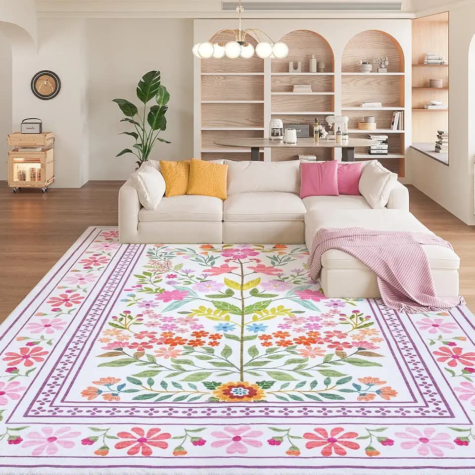 9x12 Area Rugs, Floral Washable Area Rug with Low Pile, Non-Slip Boho Vintage Area Rugs for Living Room, Bedroom, Kids Playroom & Entry
