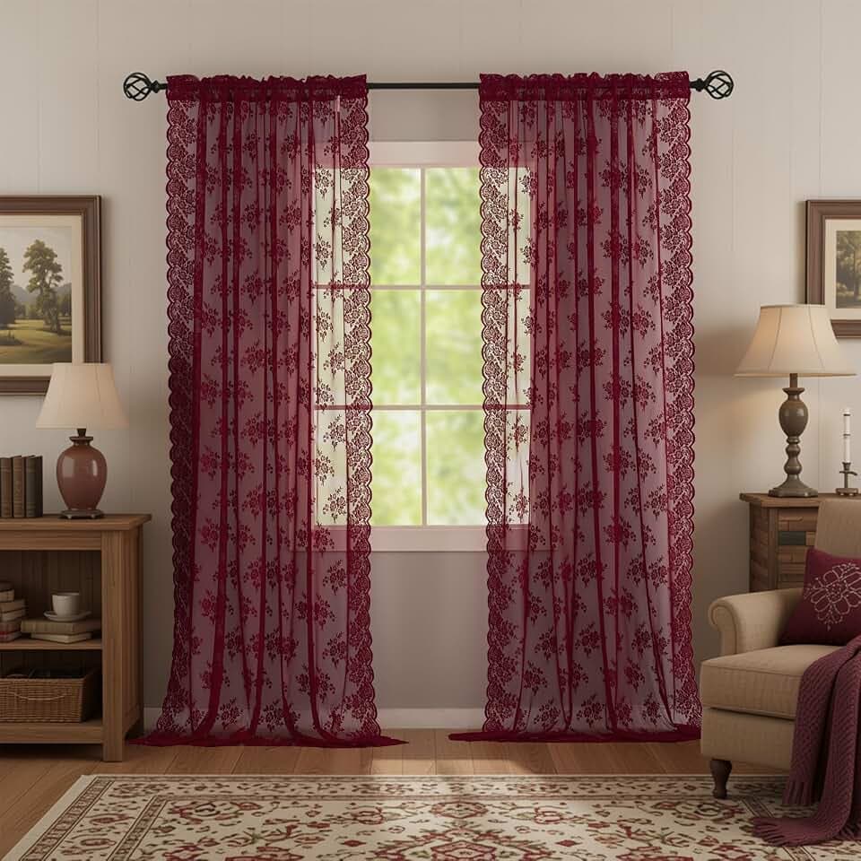 Kotile Burgundy Floral Sheer Curtains for Living Room 52 x 96 Inch 2 Panels