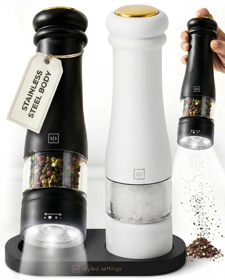 Styled Settings Electric Salt and Pepper Grinder Set, Black & white
