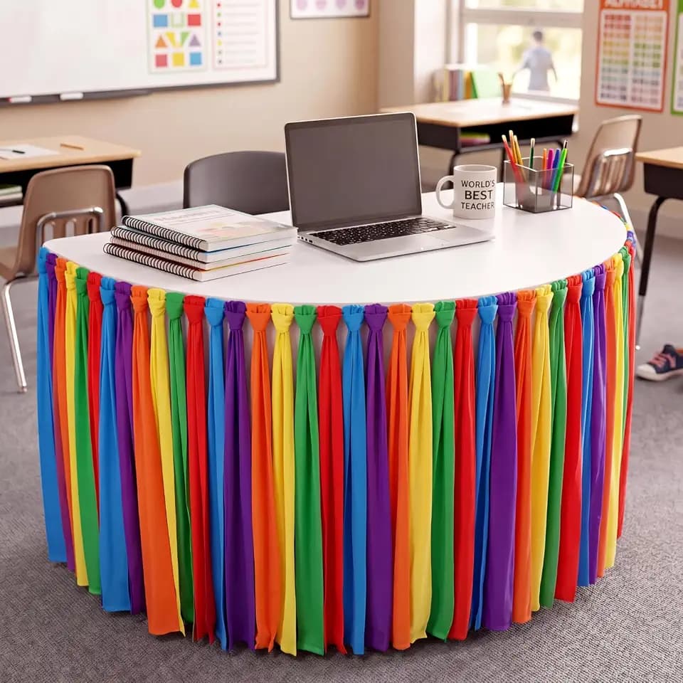 Reallnaive 14 ft x 30 Inch Table Skirt for Teacher Desk, Rainbow, Chic