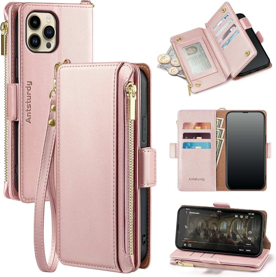 Antsturdy for iPhone 11 Pro Max Phone Wallet Case Women,Rose Gold