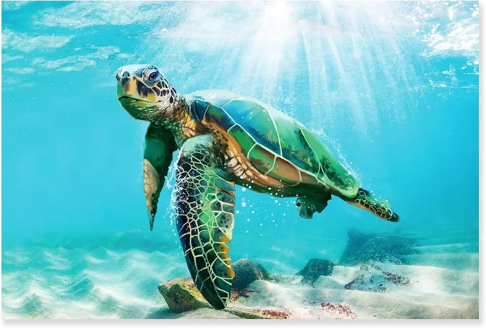 JAPO ART Green Sea Turtle Wall Art Submarine Picture Blue Ocean Animal Painting Coastal Wall Decor Framed Ready to Hang for Bathroom Livingroom 24x36Inch